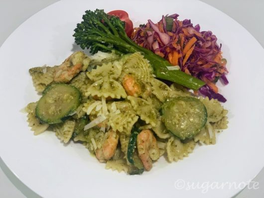 Basil pesto shrimp and zucchini pasta
