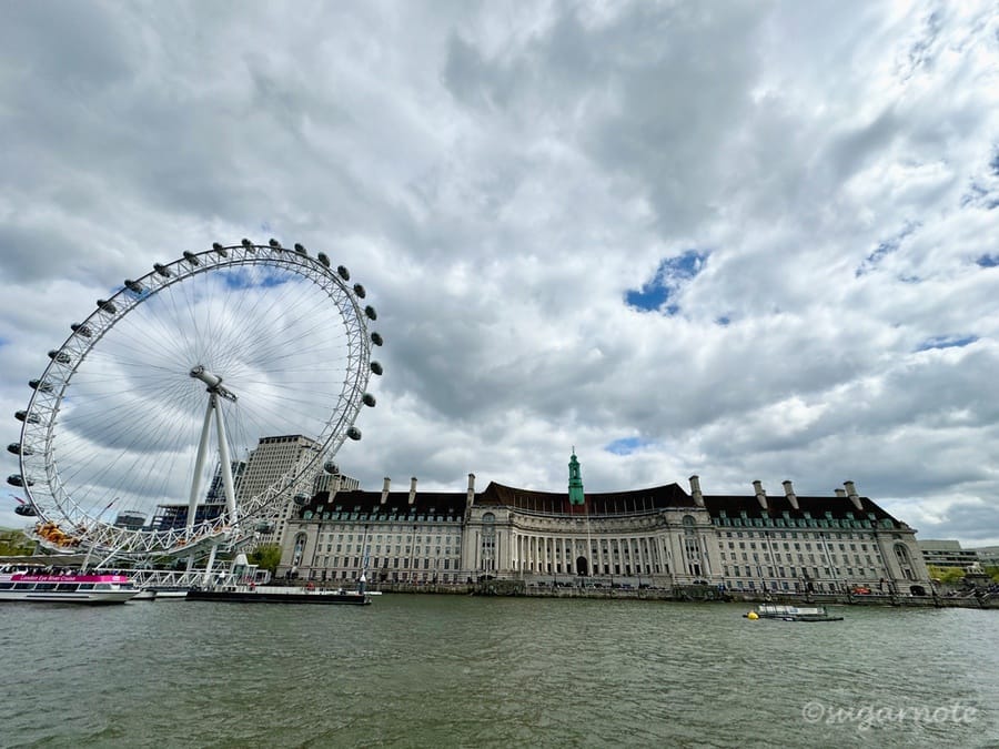 London Eye and London County Hall from Thames River